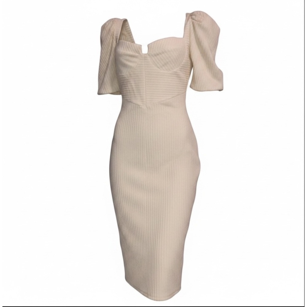 New ASOS DESIGN White Ribbed Midi Dress Puff Sleeve US8
